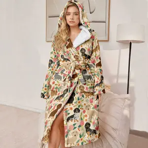 Women's Hooded Bathrobe, Soft Plush Long Robe, Padded Fluffy Design, Dog & Floral Pattern, Perfect Gift for Mother Wife