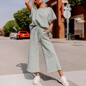 Gray Textured Loose Fit T Shirt and Drawstring Pants Set 95 Polyester 5 Elastane Comfortable Stylish Casual Look