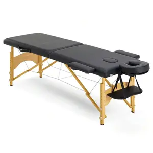 Massage Table Portable Massage Bed 2-Folding Lash Bed For Eyelash Extensions Beauty Tattoo Table Adjustable With Carry Case Salon Bed Lightweight,Wooden Legs,Black Color