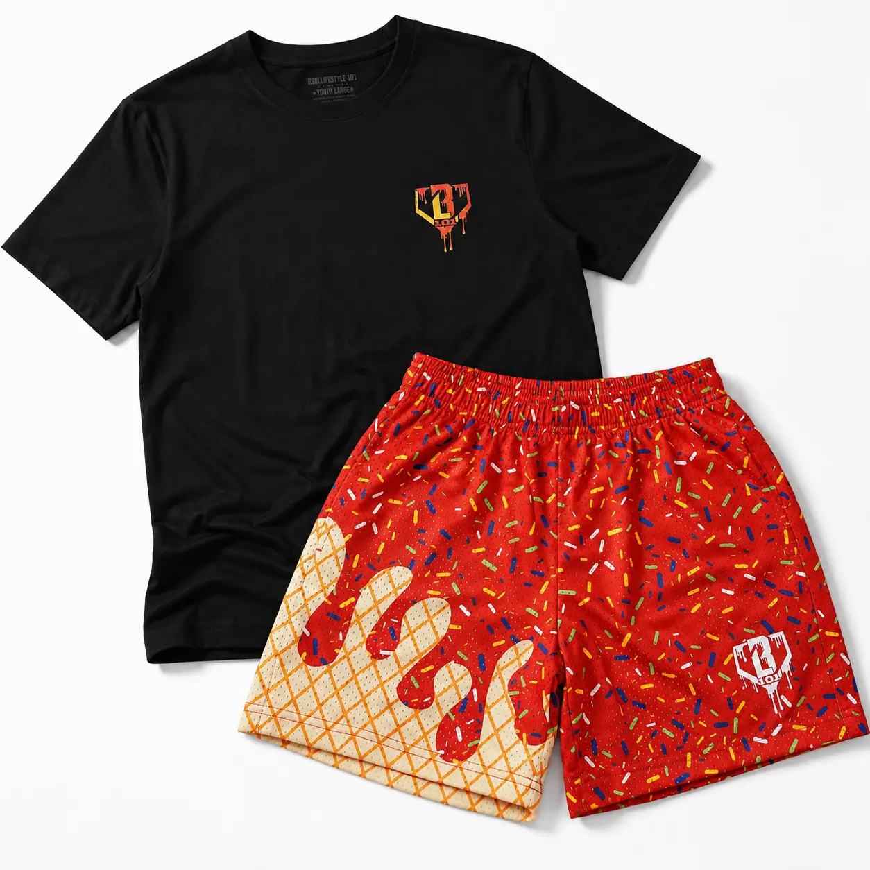 Red & Black Ice Cream Youth Set Oufit, Baseball Scoops Fastball Tee & Shorts Set – Ice Cream-Inspired Matching Graphic Outfit for Youth & Adults