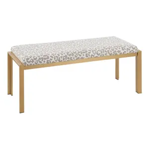 Fuji Contemporary Bench – Gold Metal Frame with Grey Leopard Print Upholstery, Stylish Accent Seating for Living Room, Bedroom, Entryway, or Lounge| Modern Decorative Bench, Comfortable Home Furniture for Apartment, Office, and Interior Decor