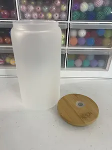 16oz Frosted Glass Can with Straw and Bamboo Lid