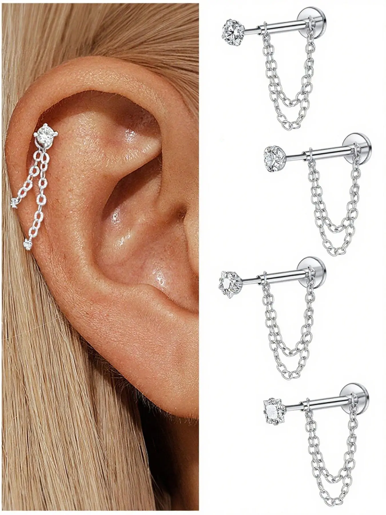 Unisex Stainless Steel Cubic Zirconia Earrings, 20G Push-Back Studs with Double Chain Design, CZ Earrings, Cz Stones Earrings, Fashion Ear Jewelry, Trendy Jewelry Accessories, Sparkling Zirconia, Perfect Gift, Shining Earrings