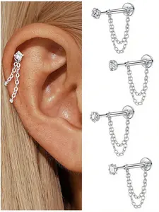 Unisex Stainless Steel Cubic Zirconia Earrings, 20G Push-Back Studs with Double Chain Design, Fashion Ear Jewelry, Trendy Jewelry Accessories, Sparkling Zirconia, Perfect Gift