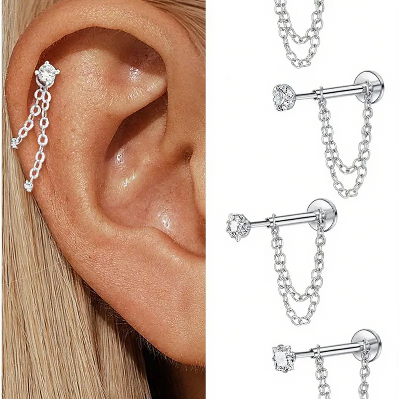 Unisex Stainless Steel Cubic Zirconia Earrings, 20G Push-Back Studs with Double Chain Design, CZ Earrings, Cz Stones Earrings, Fashion Ear Jewelry, Trendy Jewelry Accessories, Sparkling Zirconia, Perfect Gift, Fashion Jewelry Party
