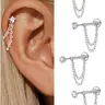 Unisex Stainless Steel Cubic Zirconia Earrings, 20G Push-Back Studs with Double Chain Design, CZ Earrings, Cz Stones Earrings, Fashion Ear Jewelry, Trendy Jewelry Accessories, Sparkling Zirconia, Perfect Gift, Shining Earrings