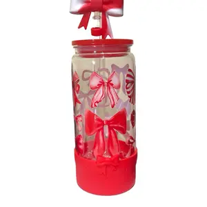 Red & White Bow 16oz Plastic Tumbler with Red Bow Straw Cover, Reusable Bottle Cup, Washable, Portable Drinkware - Water Bottles, Mug, Bottled