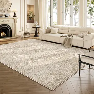 RUGIXE Machine Washable Vintage Cream Area Rug 8x10 5x8 4x6 ft, Neutral Distressed Boho Soft Velvet Low Pile Rug with TPR Non Slip Backing, Comfortable Durable Wear Resistant Beige Persian Carpet for Living Room Bedroom Nursery Dining