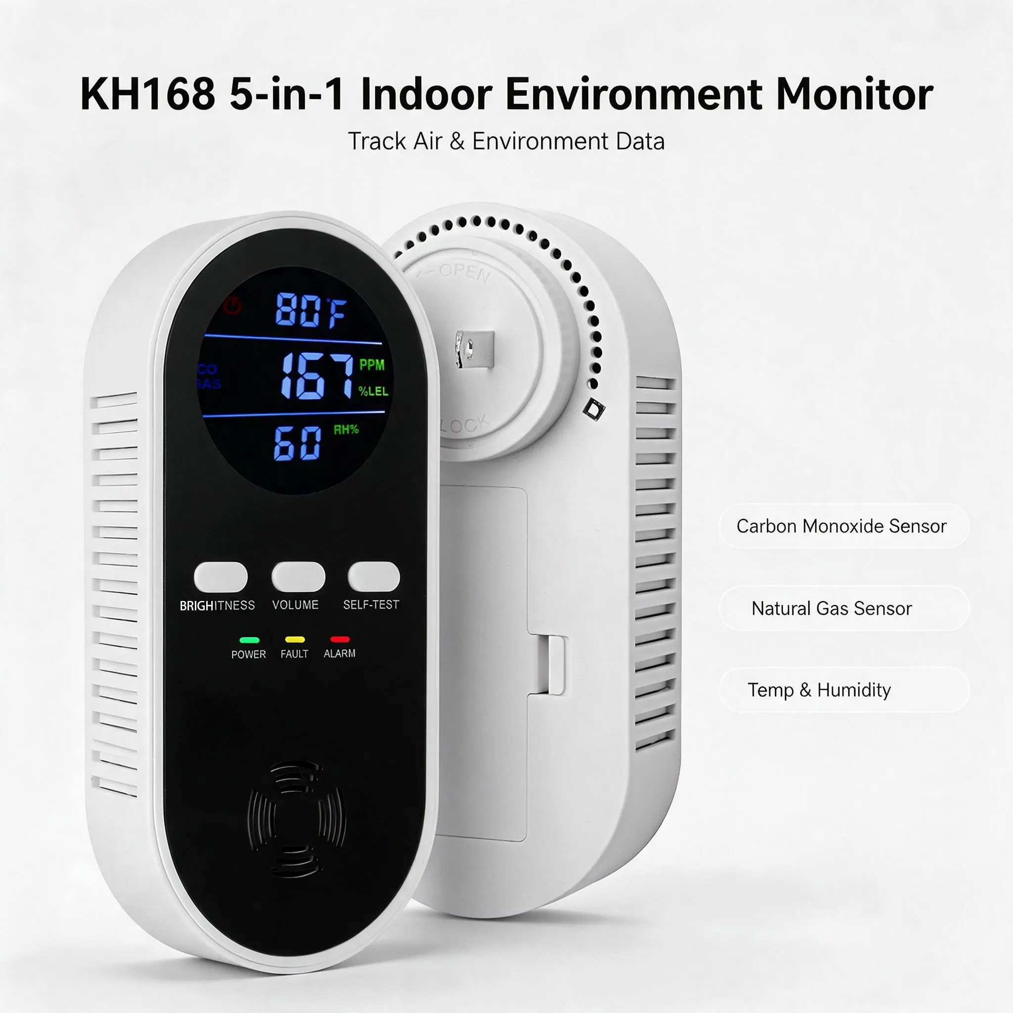5-in-1 Indoor Home Environment Monitor - Carbon Monoxide Detector, Natural Gas Sensor, Temp & Humidity Tester, Color Display, Plug-in With Backup Battery for Kitchen, RV