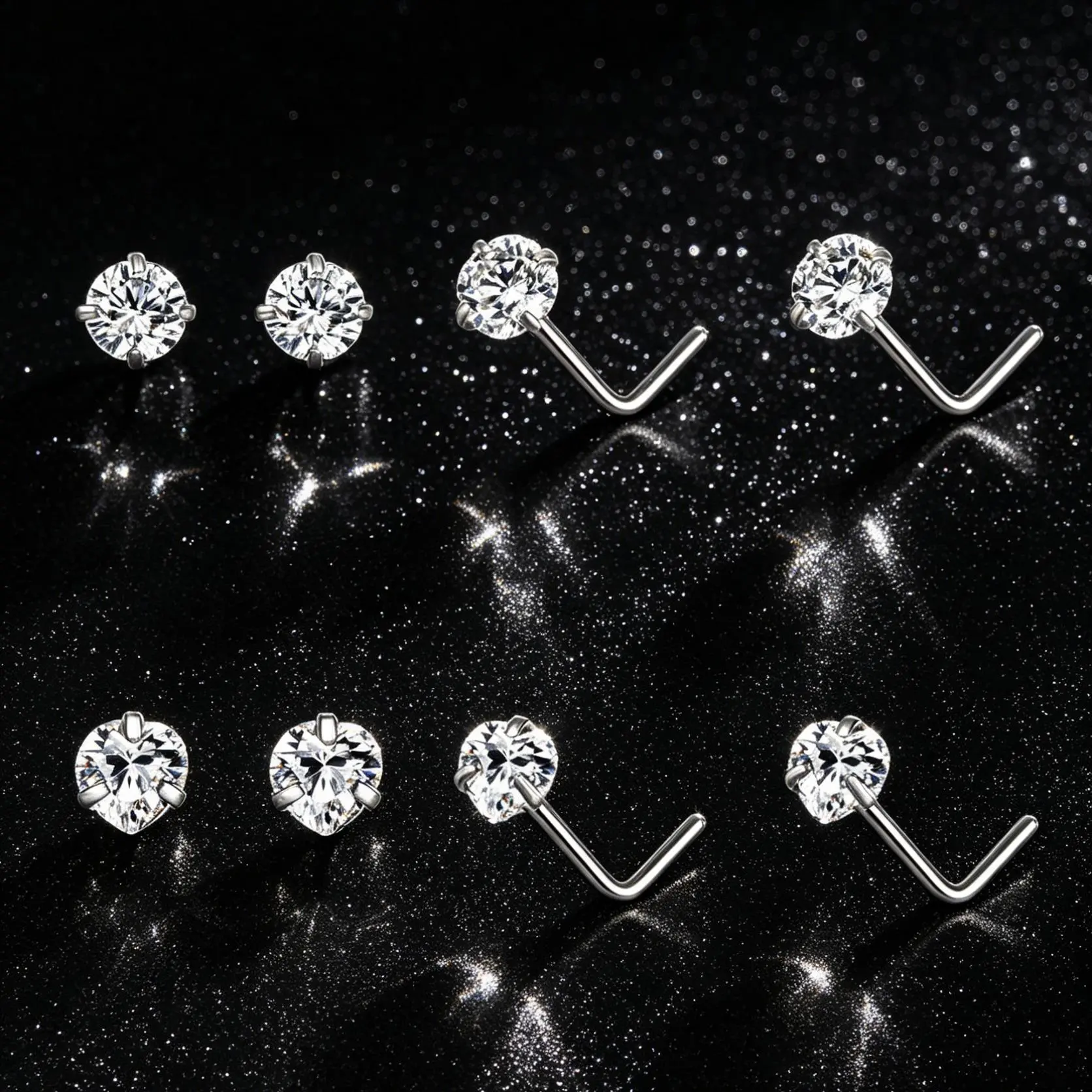 OUFER 20G Titanium Nose Rings Studs, L-Shape Heart & Round Rhinestone Piercing Jewelry for Women, Hypoallergenic 2-Piece Set