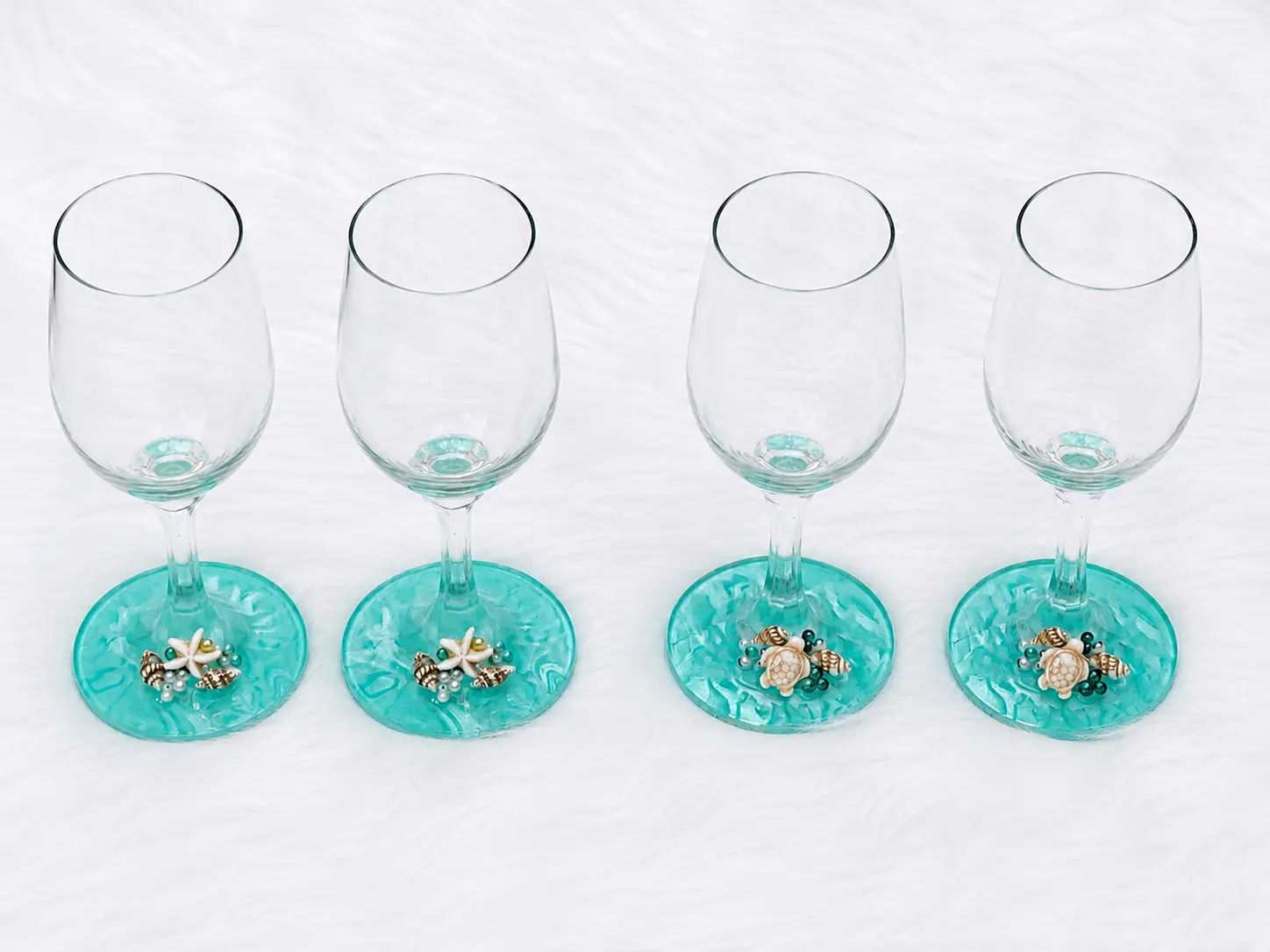 Handmade 4-Piece Coastal Collectible Stemware Set - Beach Theme, 3oz Resin Textured Stem Glasses, Nautical Kitchen Decor, Dinner Non-Alcoholic Cocktail Drinkware for Ocean Lovers