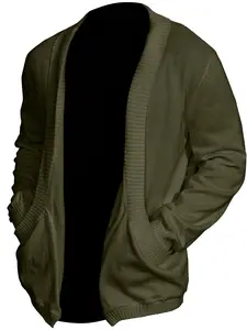 Men's Solid Pocket Shawl Collar Cardigan, Loose Casual Long Sleeve Open Front Knitwear for Spring & Fall, Fashion Men's Knit Clothing for Daily Wear