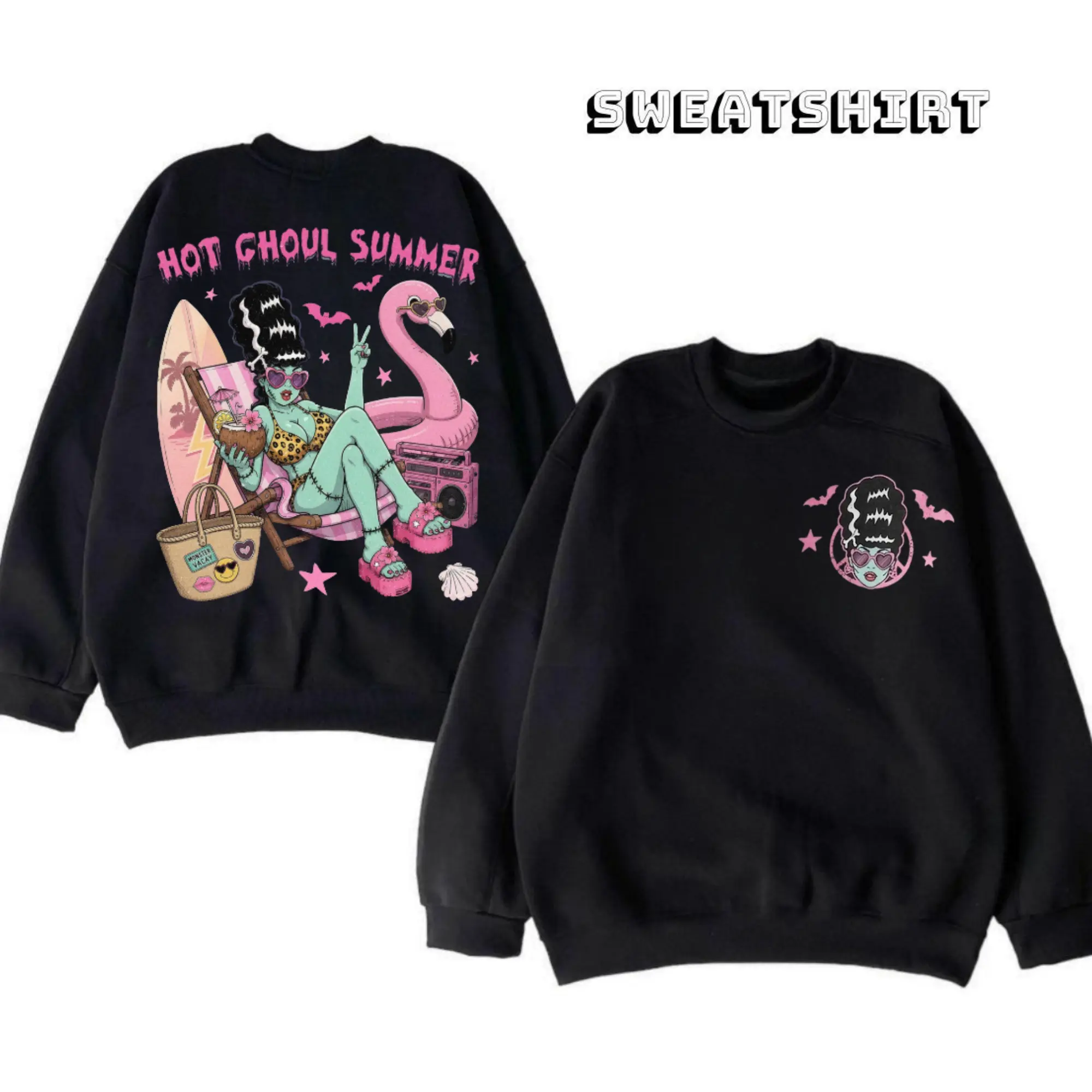 Hot Ghoul Summer Halloween T-Shirt, Sweatshirt & Hoodie – Retro Monster Girl Flamingo Beach Graphic, Cute Spooky Summer Outfit, Halloween Gift for Women