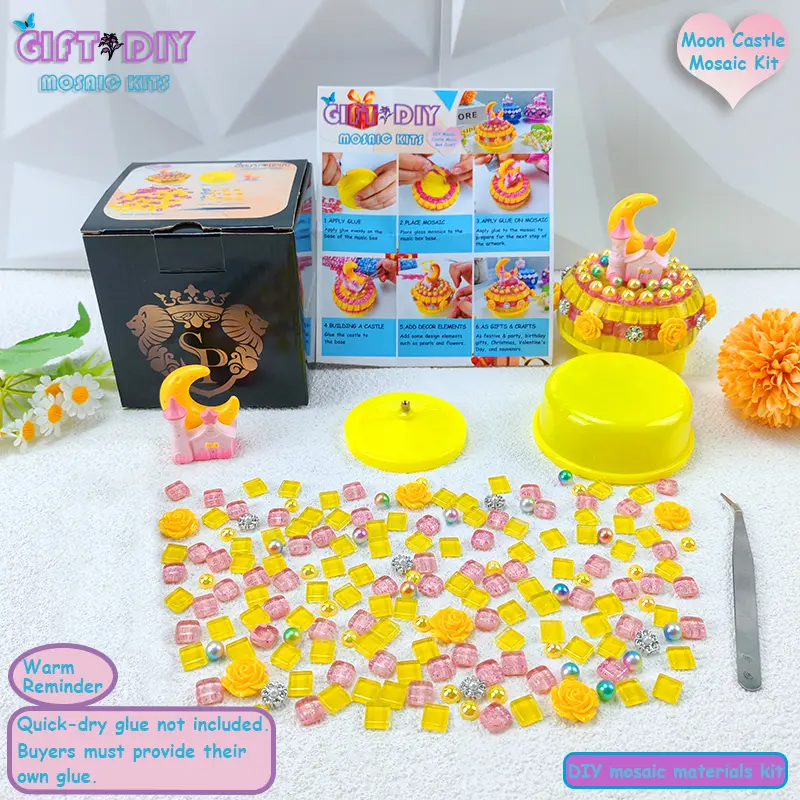 New Original DIY Mosaic Fairy Tale Castle Music Box Material Kit - Handmade Crafts Mosaic Set with Flowers, Cartoon Design, Creative Art Kit for Home Decor Tabletop Ornaments, Graduation Gift for Teens