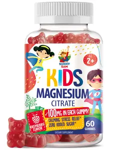 Sunny Sam Magnesium Citrate Gummies for kids - 100mg per Gummy, Sugar-Free Chewable Supplement for Kids & Teens, Mood, Muscle, Brain & Bone Support, Low Sugar Raspberry Flavor, Vegan Pectin Gummies, Non-GMO, No Gelatin, Daily Mineral Support
