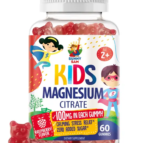 Sunny Sam Magnesium Citrate Chewable Dietary Supplement Daily Wellness Gummies - 100mg per Gummy, 60 Pieces, 24-Month Shelf Life, Sugar-Free, Gluten-Free, Vegan Pectin, Non-GMO, No Gelatin, Raspberry Flavor, Supports Mood & Muscle/Bone Health for Adults