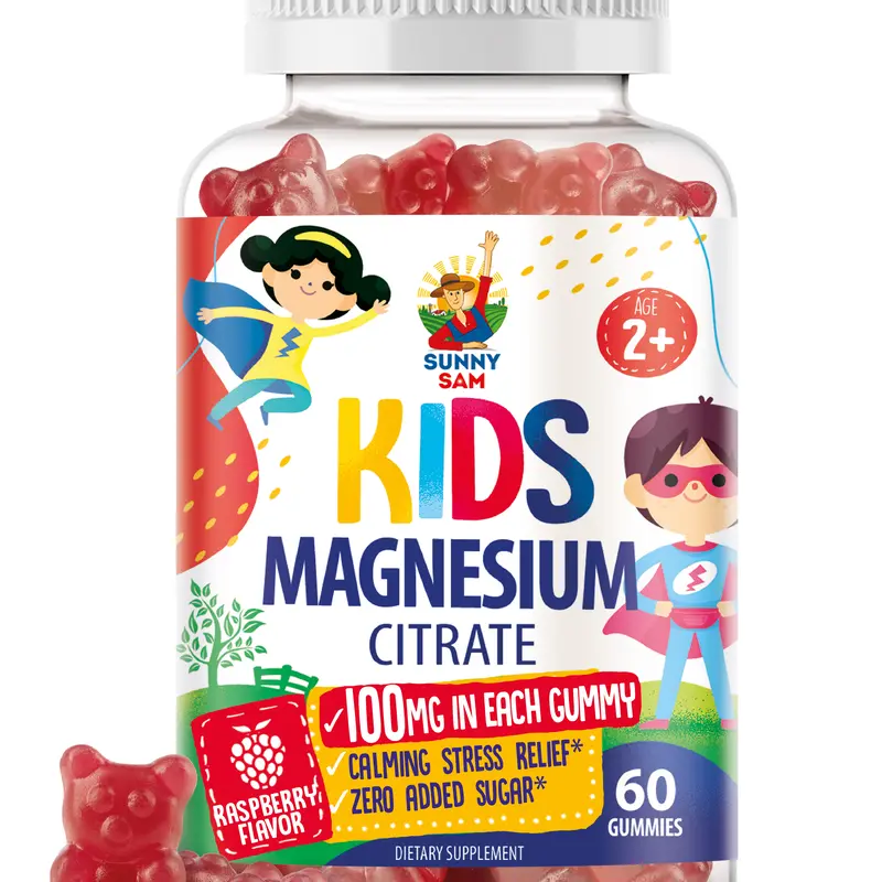 Sunny Sam Magnesium Citrate Chewable Dietary Supplement Daily Wellness Gummies - 100mg per Gummy, 60 Pieces, 24-Month Shelf Life, Sugar-Free, Gluten-Free, Vegan Pectin, Non-GMO, No Gelatin, Raspberry Flavor, Supports Mood & Muscle/Bone Health for Adults