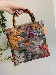 Personalized floral and plant pattern embroidery women's handbag, personalized handle design, exquisite large capacity, casual, Everyday Bags, suitable for daily occasions such as commuting, shopping