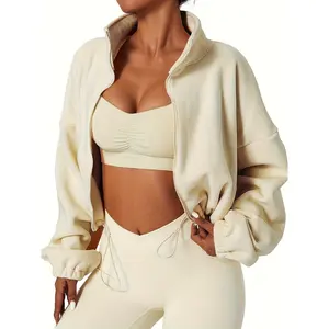 Zip Up Drop Shoulder Jacket, Casual Solid Long Sleeve Drawstring Crop Jacket For Fall, Women's Clothing