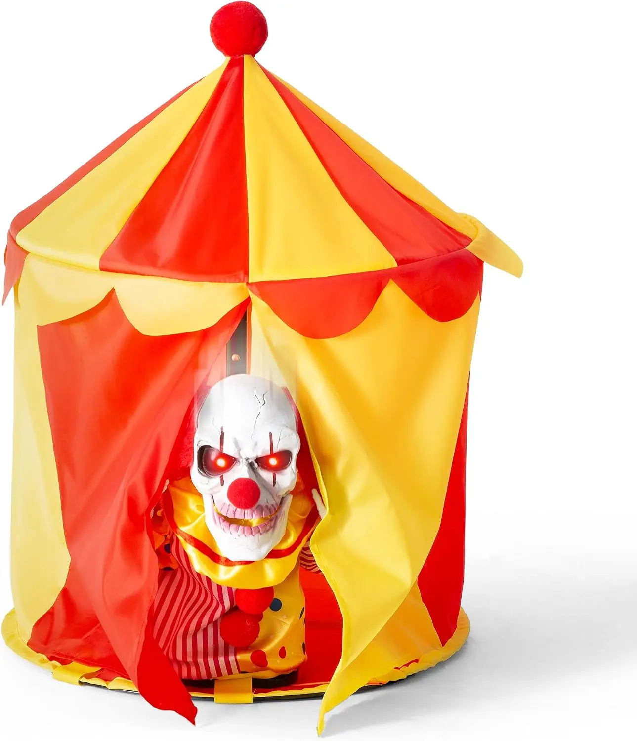 Halloween Animatronic Clown Circus Tent Decoration Creepy Peek-a-Boo Clown with Red Light-Up Eyes Scary Voice & Moving Head Haunted Carnival Horror Prop for Graveyard Porch Garden Party Decor
