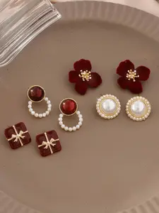 4pairs Elegant Velvet Flower Earrings, Circle Imitation Pearl Earrings, Vintage Square Earrings for Women, Daily & Party Wear ，A Stylish Accessory for Valentine's Day dates, High Quality Earrings