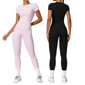 Women's Plain Crew Neck Crop Tee & High Waist Legging Tracksuit Set, Sport Breathable Quick Drying Short Sleeve T-Shirt & Skinny Pants Set for Yoga Gym Workout Clothes, Ladies Sportswear Minimalistic Outfit Maximise Breathability Flexible