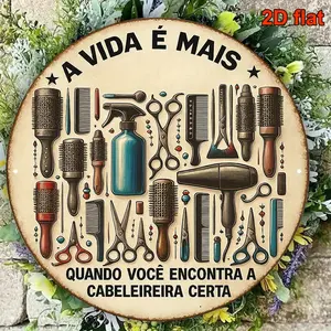Vintage Barber Shop Portuguese Retro Metal Wall Sign - 8"x8" (20.32x20.32cm) Portuguese Phrase & Barber Tools Design - Tin Poster for Salon, for Cave, - Brazilian Portuguese "Cabeleireira" Hairdressing Art, 2D Flat