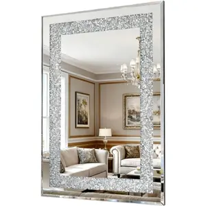 Crystal Crushed Diamond Wall Mirror 36x24 Inch, Large Rectangle Wall Mirror with Beveled Edge, Luxury Silver Frame, Perfect for Living Room, Bathroom, Entryway Decor