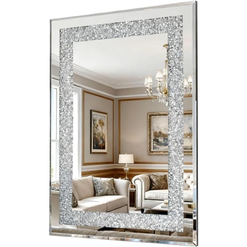 Crystal Crushed Diamond Wall Mirror 36x24 Inch, Large Rectangle Wall Mirror with Beveled Edge, Luxury Silver Frame, Perfect for Living Room, Bathroom, Entryway Decor