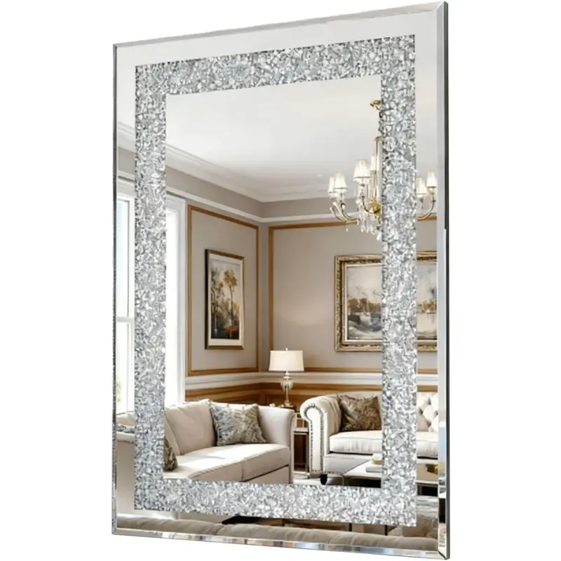 Crystal Crushed Diamond Wall Mirror 36x24 Inch, Large Rectangle Wall Mirror with Beveled Edge, Luxury Silver Frame, Perfect for Living Room, Bathroom, Entryway Decor