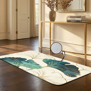 1pc Emerald-Gold Ginkgo Solid Flannel 100% Polyester AISLE RUG, aisle/foyer/living/kitchen light absorb light slip-safe, fold-flat space-save, door/bedside flex lay, gentle-wash fade-free gift-ready