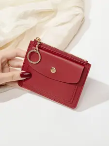 Unisex multifunctional zipper coin purse and card holder, small and lightweight wallet, solid color minimalist design, with keyring, suitable for daily use, Card carrying holder