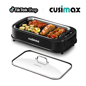 CUSIMAX Smokeless Portable Barbecue Grill - 1500W Compact Stainless Steel Indoor Electric Grill with Turbo Smoke Extractor, Nonstick Removable Pan, Glass Lid for Home Cooking, Smokeless Grills summervibes