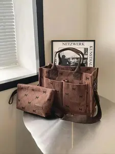 CYX Women's Elegant Bow Pattern Handbag & Pouch, Fashionable Large Capacity Tote Bag & Pouch, Trendy Versatile Bag Set for Daily Use, Mothers Day Gift Ideas