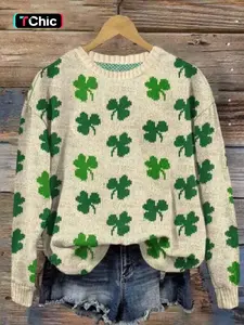 Women's Leaf Print Drop Shoulder Sweater, Casual Long Sleeve Round Neck Jumper for Daily Outdoor Wear, Women's Knit Top for Fall & Winter, Knitwear