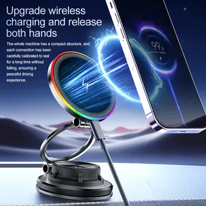 2026 Newest 15W Fast Wireless Magnetic Atmosphere Lamp Charger Car Vacuum Magnetic Foldable Stand Strong Suction Cup Mount 360 Degree Rotation Car Phone Holder Upgraded Version New Model