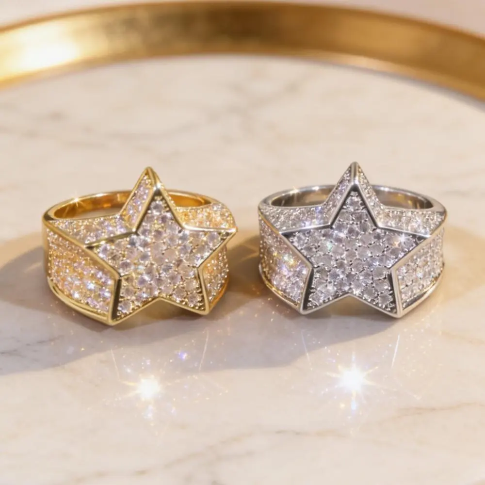 Chunky Statement Silverly Hiphop Star Ring Bride Engagement Promise Anniversary Birthstone Wedding Ring Full Cubic  Sparkling Jewelry Daily Party Wear Accessory Gift for Him Her Christmas New Year Valentine