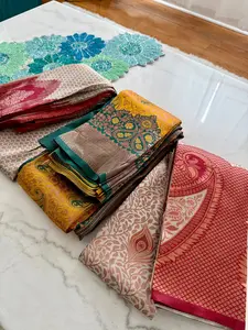 Red & Beige and Yellow & Green Kanchipuram Semi-Silk Saree with Paisley Zari Work | The Enhanced Beauty USA