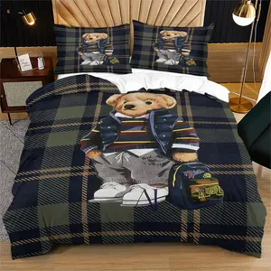 Polo Bear Pattern Duvet Cover Set,Fashionable Bear Design,Soft Durable Fabric,Zipper Closure,Bedroom Bedding Set,Including 1 Bedspread and 1 or 2 Pillowcases (Excluding Quilt and Pillow Inserts)