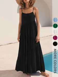 New Summer Women's Solid Color Thin Straps Adjustable Dress, Versatile Sleeveless Asymmetrical Long Maxi Beach Wrap Dress