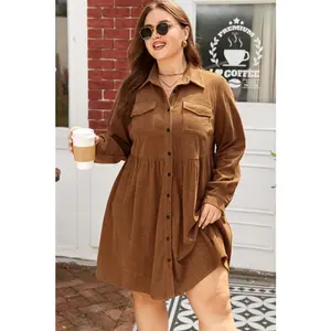 Plus Size Corduroy Button-Up Collared Shirt Dress