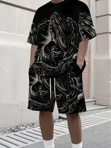 Men's Casual Printed Short Sleeve T-Shirt & Drawstring Waist Shorts Set, Breathable Comfort Fabric, Summer Fashion, Ideal Gift Choice