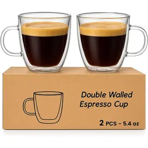 Glass Double Wall Insulated Espresso Cups (Set of 2), 5.4 oz Shots Cup with Handle, Insulated Glasses Mugs, Small Coffee Cups, Shot Glass