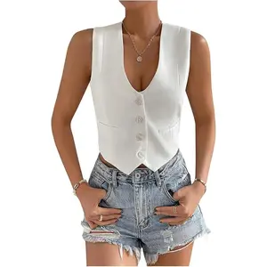 Women's V Neck Sleeveless Button Down Crop Vest Top Blazer Coat Office Suit