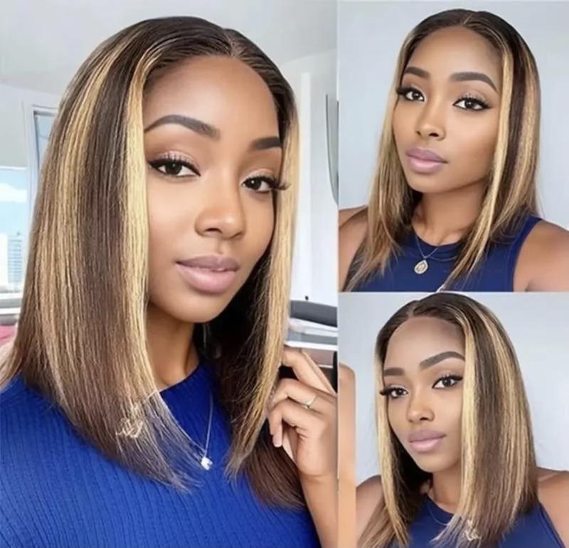 Highlight Lace Front Bob Wig Human Hair 14 Inch Ombre Honey Blonde 13x4 Hd Lace Front Wigs Human Hair Pre Plucked Middle Part 4/27 Colored Lace Frontal Wigs(14 Inch, 4/27 Highlight)