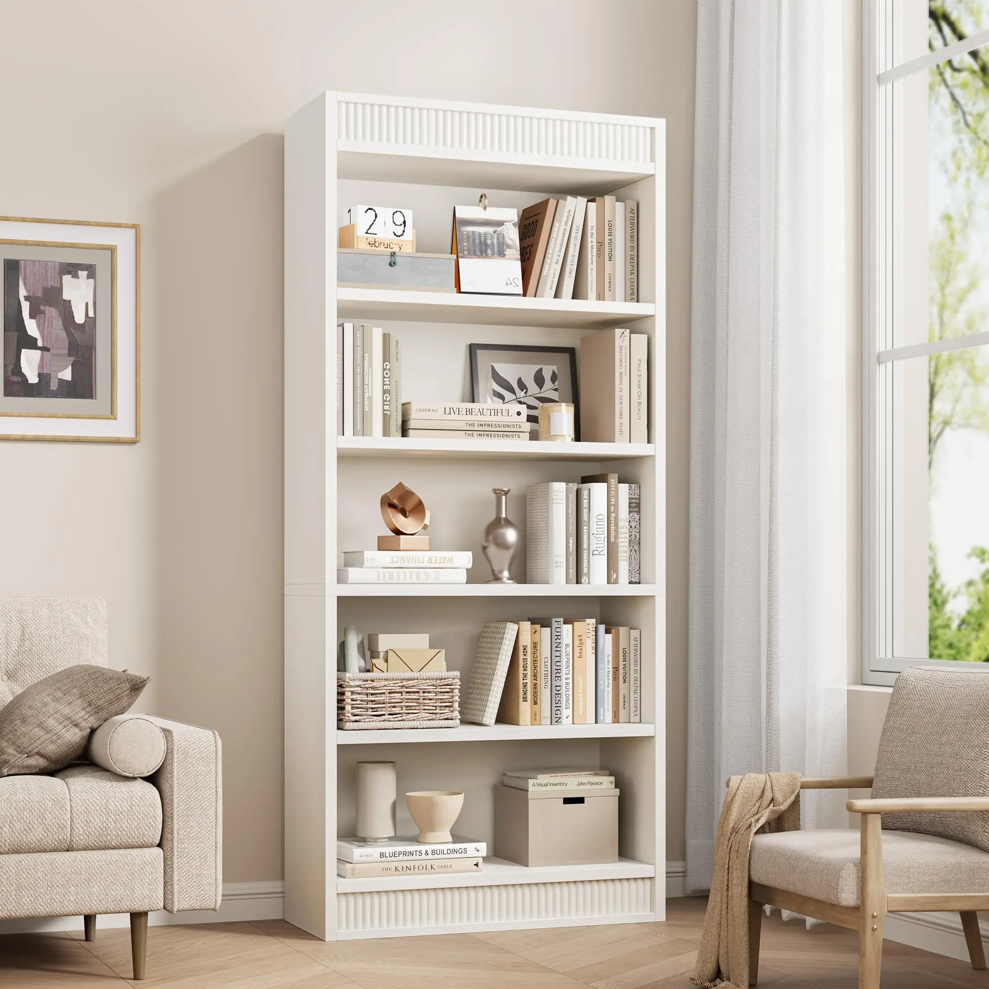 71" Farmhouse Bookcase with Double Fluted Design, 5-Tier Wooden Bookshelf for Living Room or Office
