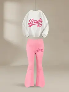 Girls' Sweet Cool Bruh 67 Letter Number Sweatshirt & Bell Bottoms Set, Casual Fitted, All Seasons, Comfortable Breathable, Fashion Clothes Set