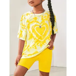 2pcs Summer Girls Short-sleeved Gradient Heart Print Random Pattern Hoodie and Pants Set, Comfortable and Soft, Suitable for Children Aged5-14, Perfect for Outdoor