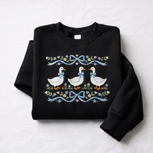 Embroidered Vintage 80s Goose Sweatshirt, Funny Goose Coquette Bow Shirt, Cottagecore Farm Animal Tee, Farmhouse Gift