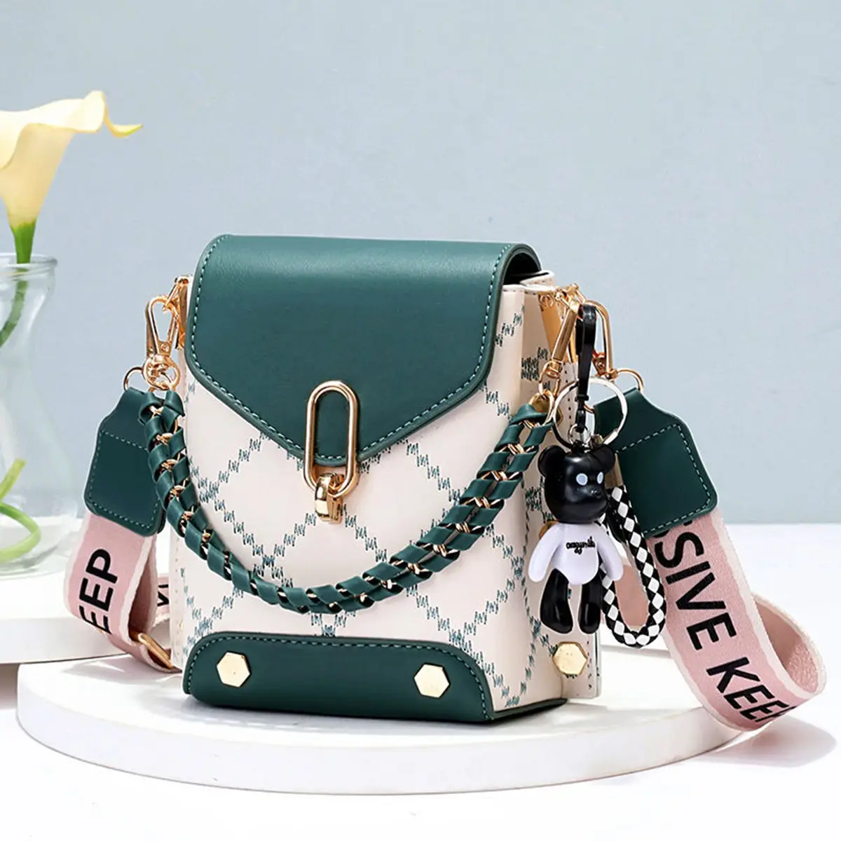 Women Rhombus Embroidery Mobile Phone Bag Mini Rivet Crossbody Bag Fashion Chain Handbag & Purse Adjustable Strap Satchel